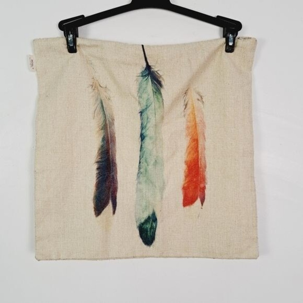 HOSL Feather Throw Pillow Cover Unisex 17x17 Beige Boho Watercolor Rustic Linen